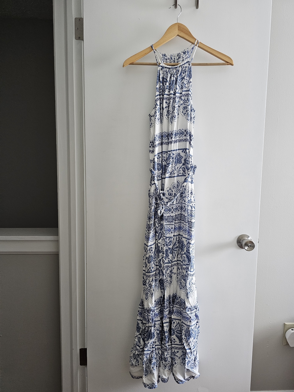 LOFT White and Blue Halter Maxi Dress